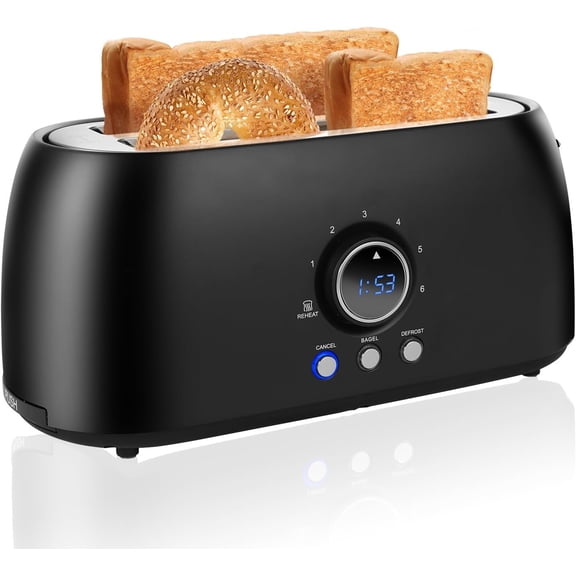 Toaster 4 Slice, Retro Long Slot Toasters with Countdown Timer,Stainless Steel Toaster,Bagel,Defrost,Reheat,Cancel Functions,Extra Wide Slots,6 Toast Settings,Removable Crumbs Tray,Matte black