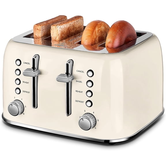 Toaster 4 Slice Retro Stainless Steel with Extra Wide Slots Bagel, Defrost, Reheat Function, Dual Independent Control Panel, Removable Crumb Tray, 6 Browning Levels