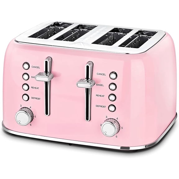 Toaster 4 Slice Retro Stainless Steel with Extra Wide Slots Bagel, Defrost, Reheat Function, Dual Independent Control Panel, Removable Crumb Tray, 6 Browning Levels, Pink