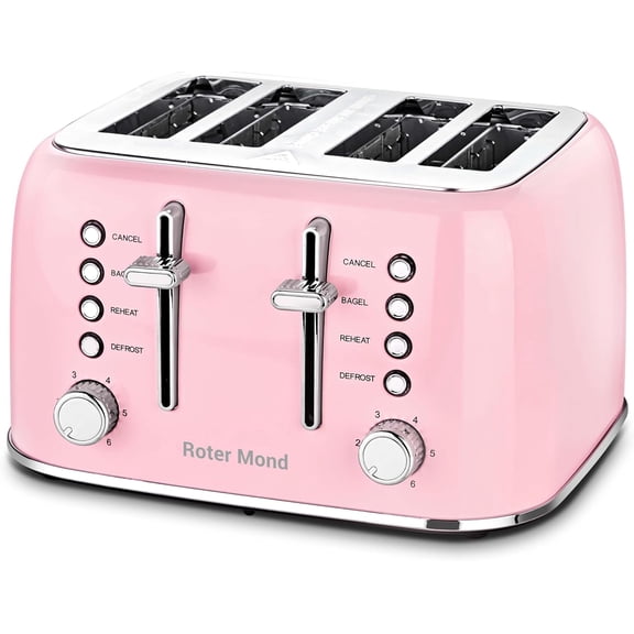 Toaster 4 Slice Retro Stainless Steel with Extra Wide Slots Bal, Defrost, Reheat Function, Dual Independent Control Panel, Removable Crumb Tray, 6 Browning Levels, Pink