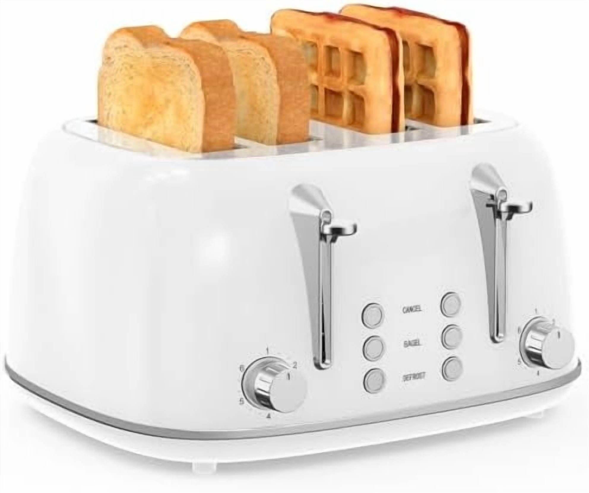 Toaster 4 Slice, Retro Stainless Steel Wide Slot Toaster with Dual Independent Controls, 6 Browning Levels, Bagel, Defrost, Reheat & Cancel, Removable Crumb Tray, White