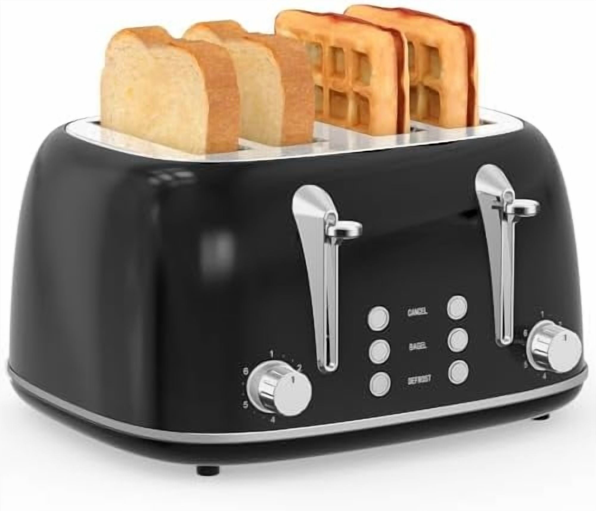 Toaster 4 Slice, Retro Stainless Steel Wide Slot Toaster with Dual Independent Controls, 6 Browning Levels, Bagel, Defrost, Reheat & Cancel, Removable Crumb Tray, Black