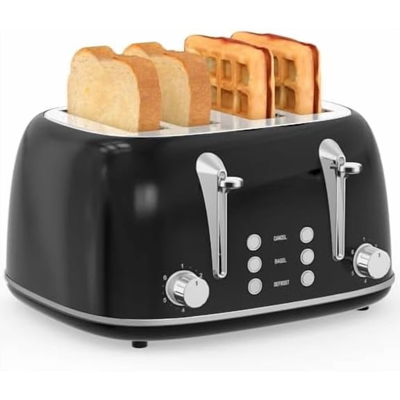Toaster 4 Slice, Retro Stainless Steel Wide Slot Toaster with Dual Independent Controls, 6 Browning Levels, Bagel, Defrost, Reheat & Cancel, Removable Crumb Tray, Black