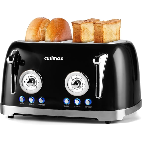 Toaster 4 Slice, Retro with Wide Slots for Bagels, Stainless Steel 6 Toast Settings, Bagel, Cancel, Defrost & Reheat Functions, Dual Independent Control Panels, Black