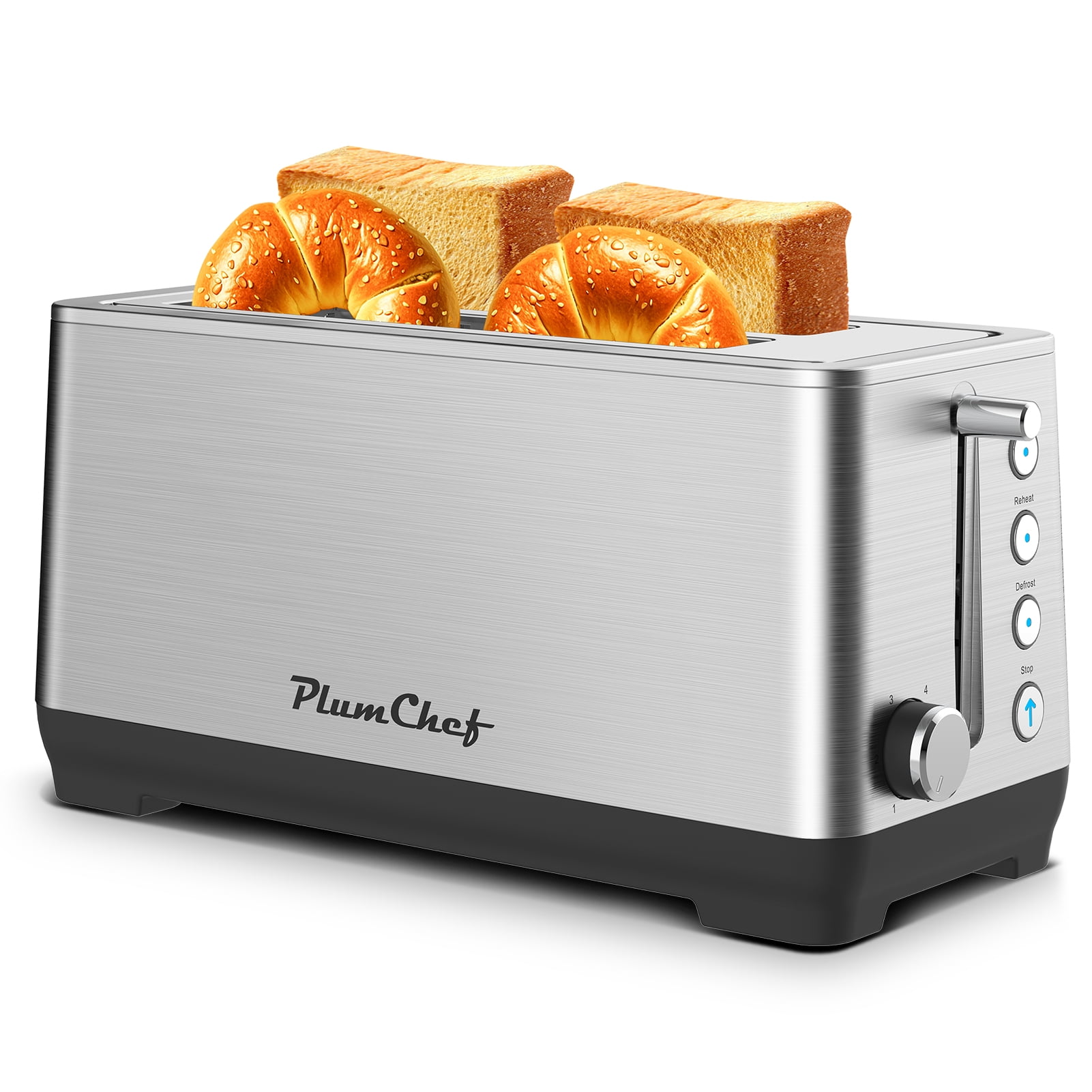 Plum Chef Long Slot 4 Slice Toaster 1600W, for Bagels & Waffles, 6 Browning Levels, 4 Basic Functions & Removable Tray, Kitchen Gadgets, Silver