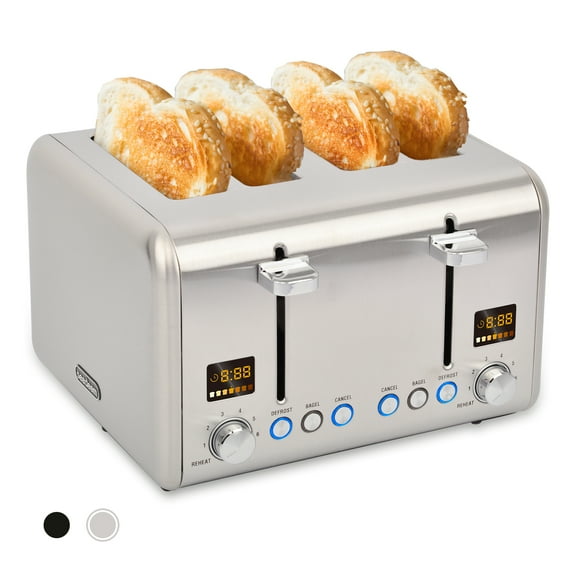 Toaster 4 Slice, Stainless Steel Bread Toaster with 2 Colorful LCD Display, 7 Shade Settings,1800W, Silver Metallic
