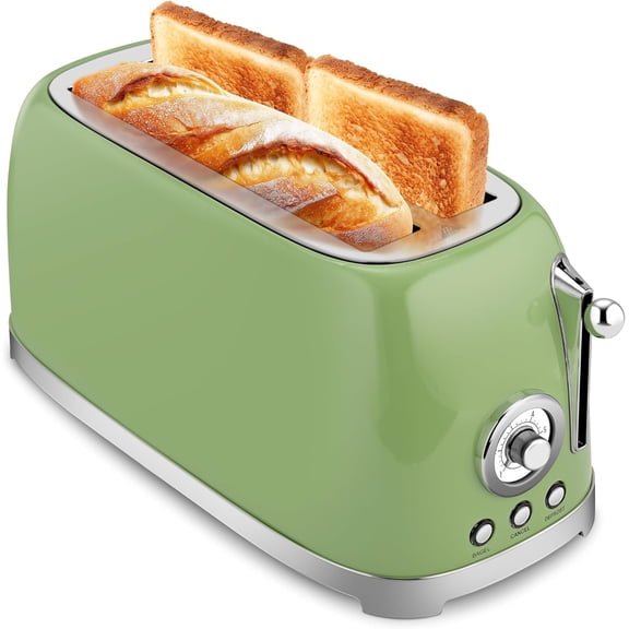 Toaster 4 Slice Wide Slot, Stainless Steel Bread Bagel Toasters, Retro Long Slot Tostadora for Defrost, Reheat, Removable Crumb Tray, 1500W, 6 Browning Settings, Green