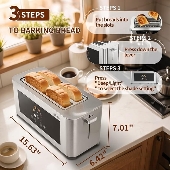 Toaster 4 slice with Touch Screen LCD Display, Extra Long Wide Slots Toaste, Smart Toaster with 6 Browning Levels, Defrost, Reheat & Removable Tray, Stainless Steel