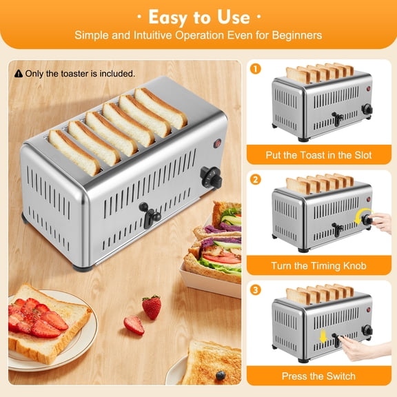 Toaster 6 Slice, Stainless Steel Toaster Bread Baking Machine for Restaurant and Home Kitchen 1680W 110V