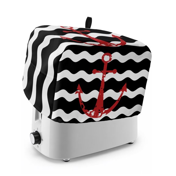 Toaster Cover 2 Slice, Black Ripple Dustproof Bakeware Oven Protector with Top Hook, Red Anchor Black White Waves Aesthetics Waterproof Small Kitchen Appliance Toasters Dust Cover, 11"x6"x8"