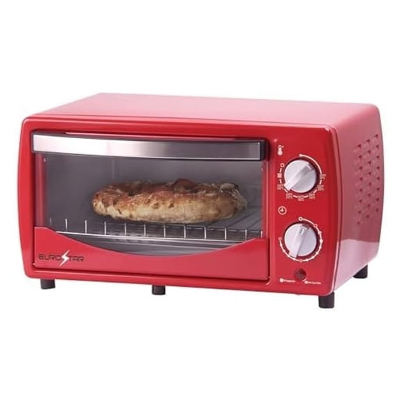 Toaster Oven 4 Slice - Broiler, Bake, Toast - Red Stainless Steel - 60 Minute Timer, Adjustable Temp Control, Removable Crumb Tray & Accessories