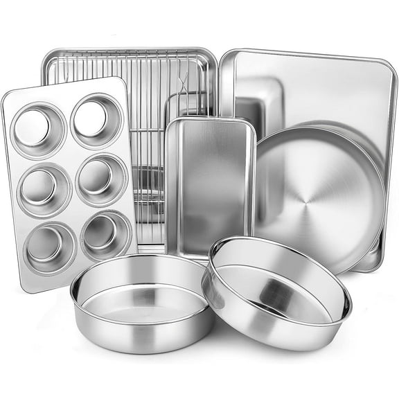 Toaster Oven Bakeware Set, 8-Piece Stainless Steel Small Baking Pan Set, Include 6-Inch Cake Pan/Rectangle Baking Pan/Cookie Sheet with Rack/Muffin/Loaf/Pizza Pan, Non-Toxic & Dishwasher Safe