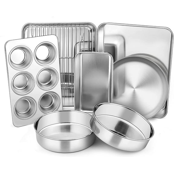 Toaster Oven Bakeware Set, 8-Piece Stainless Steel Small Baking Pan Set, Include 6-Inch Cake Pan/Rectangle Baking Pan/Cookie Sheet with Rack/Muffin/Loaf/Pizza Pan, Non-Toxic & Dishwasher Safe