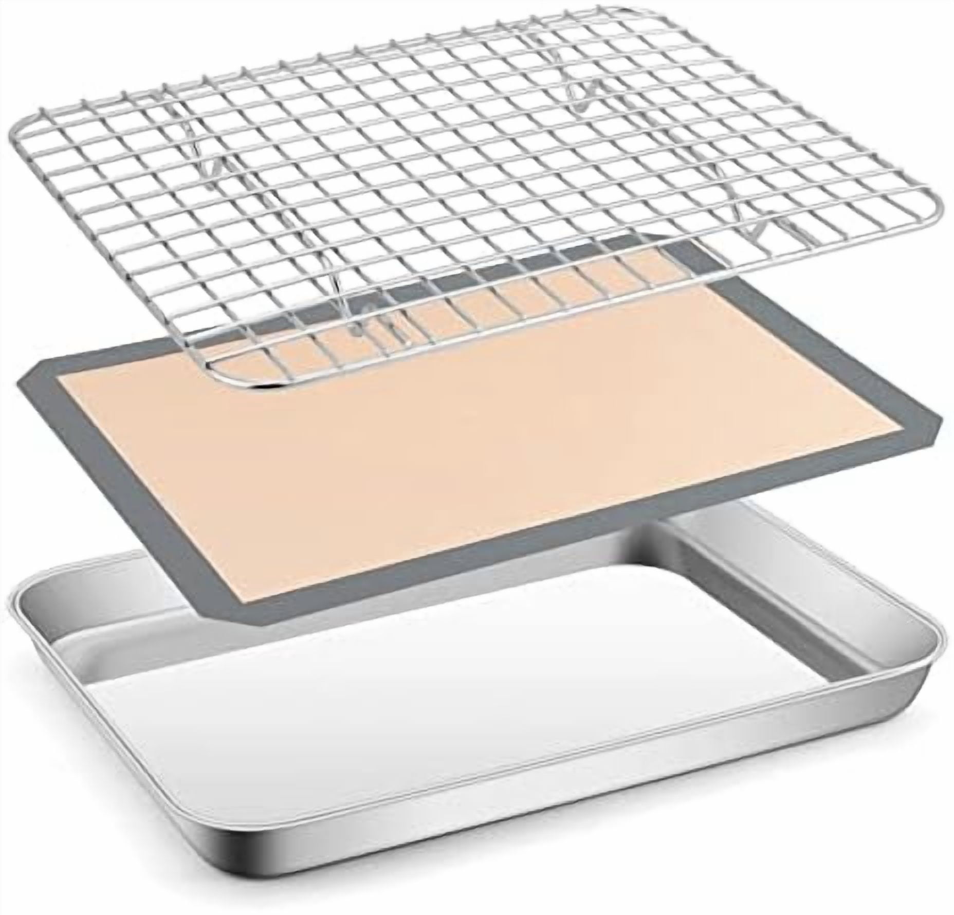 Toaster Oven Baking Sheet Set,  10.5”x8.3” Small Stainless Steel Cookie Sheet Pan with Wire Rack & Silicone Mat for Cooking Broiling, Rimmed Metal Tray Roasting Cooling Bacon Steak