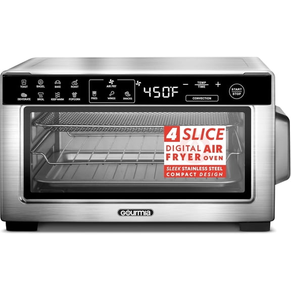 Toaster Oven Digital Air Fryer - Convection Mode with 4 Slice Capacity, 3 Rack Positions, 12 Presets, Toast, Bagel, Bake, Roast, Broil, Dehydrate, Popcorn, Fits 9" Pizza, Stainless Steel