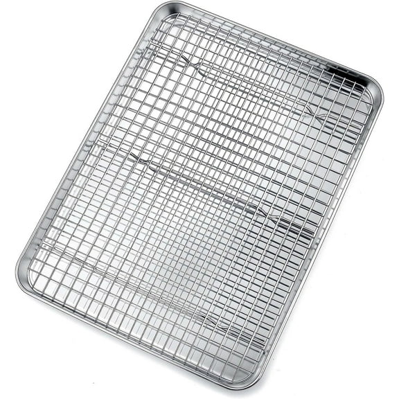 Toaster Oven Pan with Rack Set, Size 12.5 x 9.7 x 1 Inch, GoXteam Stainless Steel Baking Pan Oven Tray and Grid Rack for Cooking/Roasting/Cooling, Oven & Dishwasher Safe, Non-toxic & Durable