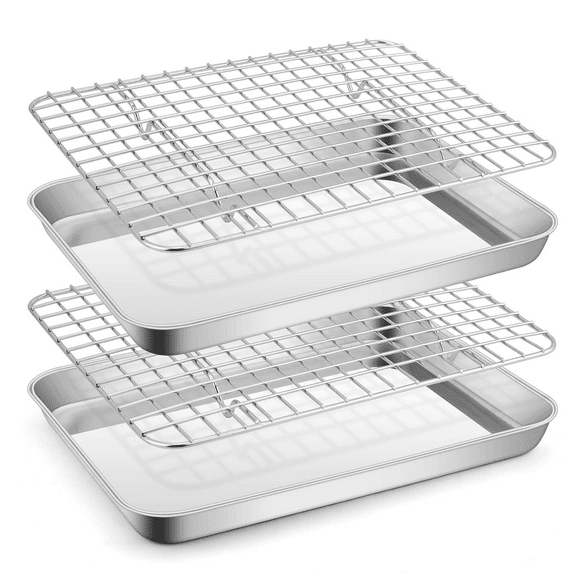 Toaster Oven Tray with Rack Set, Small Stainless Steel Baking Sheet, 9.4”x7.3” Metal Textured Broiling Pan with Wire Rack for Cooking/Cooling/Bacon/Cookies/Steak - Dishwasher Safe