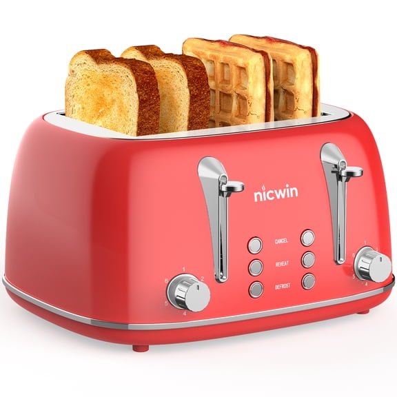 NICWIN 4 Slice Toaster, Extra Wide Slots Bread Toaster, Toast Shade Selector, Defrost & Reheat Functions for Kitchen Apartment Essentials, Red