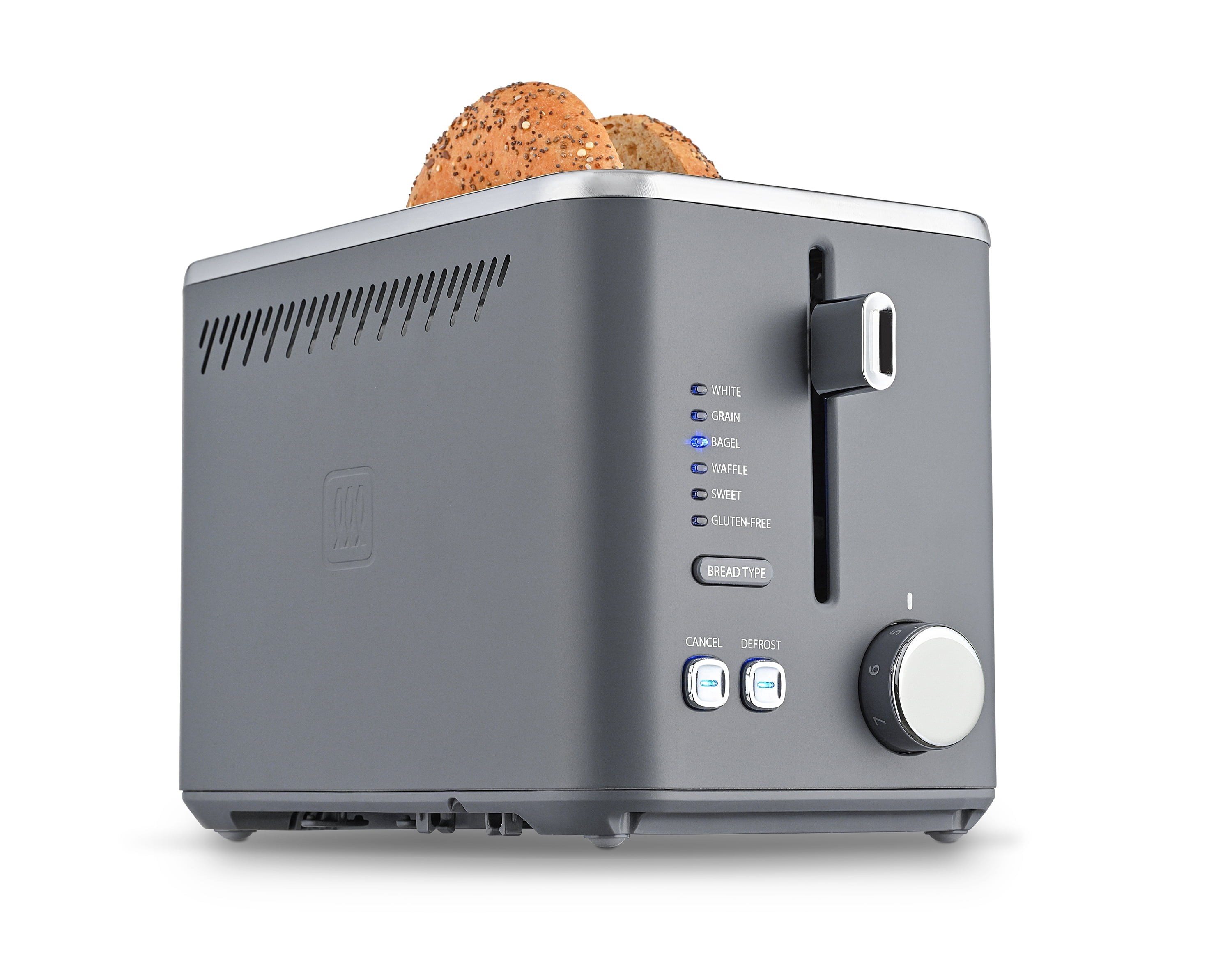 Toastmaster 2-Slice Multi-Function Toaster - Blue Gray with Lever and Dial Controls, Extra Wide Slots, High Rise Toast Lift and Gluten Free Setting, 900W