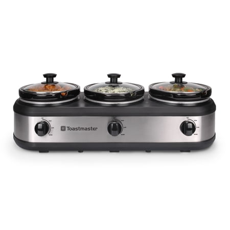 Toastmaster Triple 1.5 Qt Slow Cooker, Stainless Steel Buffet Server with Black Accents, Model TM-318BS