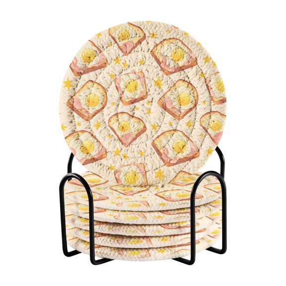Toasts Pattern Bar Coasters 6 Pack Braided Coasters with Holder Absorbent Heat Resistant