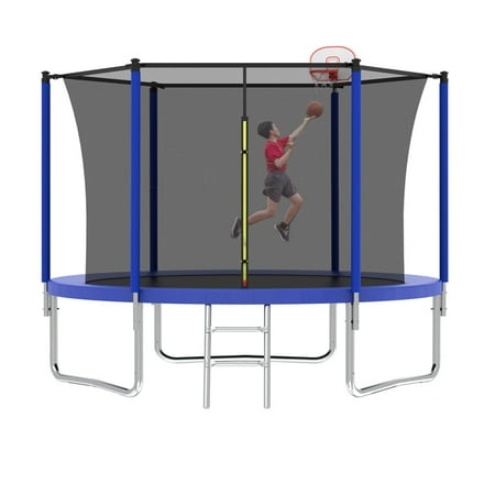 Toauuo 10FT Outdoor Trampoline with Safety Enclosure, Basketball Hoop & Ladder, Heavy-Duty Backyard Trampoline, Fast Assembly