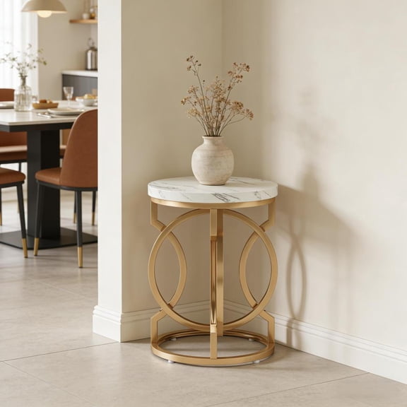 Toauuo 19.7" Round End Table - Small Couch Table/Bedside Table, Faux Marble Top, Matte Gold Metal Frame, Adjustable Footpads, Sturdy Durable, Easy Clean & Assemble, Modern Elegant Design