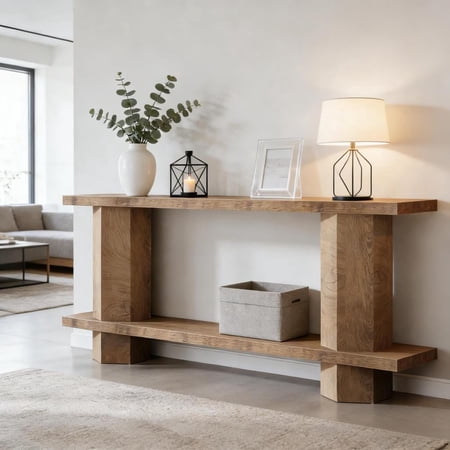 Toauuo 2-Tier Bedside Table - Versatile Sofa/Console/Hallway Table, 1.58" Thick Waterproof Sturdy Tabletop, Hexahedron Leg Wood Color Stylish Design, 200 LBS Capacity Premium MDF, Easy Assembly