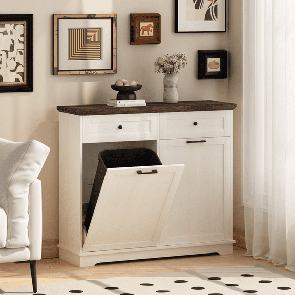 Toauuo 20 Gallon Double Tilt-Out Trash Can Cabinet, Freestanding Wood Garbage Recycling Cabinet with Hideaway Drawer & Pet-Proof Design, Antique White for Kitchen Living Room