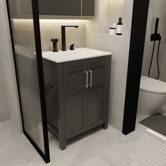 Toauuo 24" Black Bathroom Vanity with White Ceramic Sink - Faucet & Pop Up Drain Set Included, Solid Wood Panel with Large Storage for Small Bathrooms