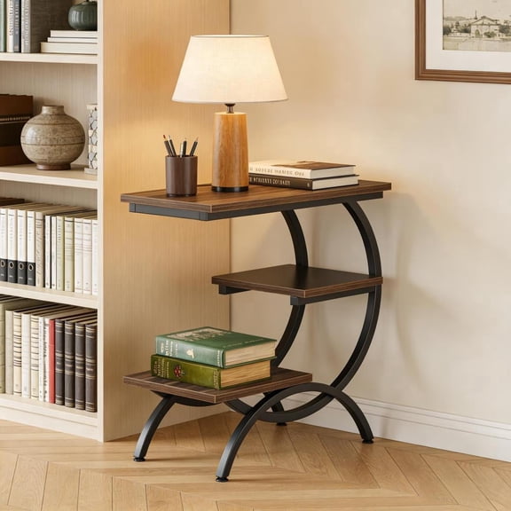 Toauuo 25.59"H Chic C-Shaped End Table - 3-Tier Storage Sofa/Side Table, 23.62"L×11.81"W, Industrial Style Matte Black Metal Frame Rustic Brown Tabletop, Compact Design, Stable Scratch-Free