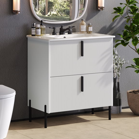 Toauuo 30" White Bathroom Vanity with Ceramic Sink, Full-Extension Soft Close Drawers, Fluted Design & Black Finger Pulls for Modern Bathrooms