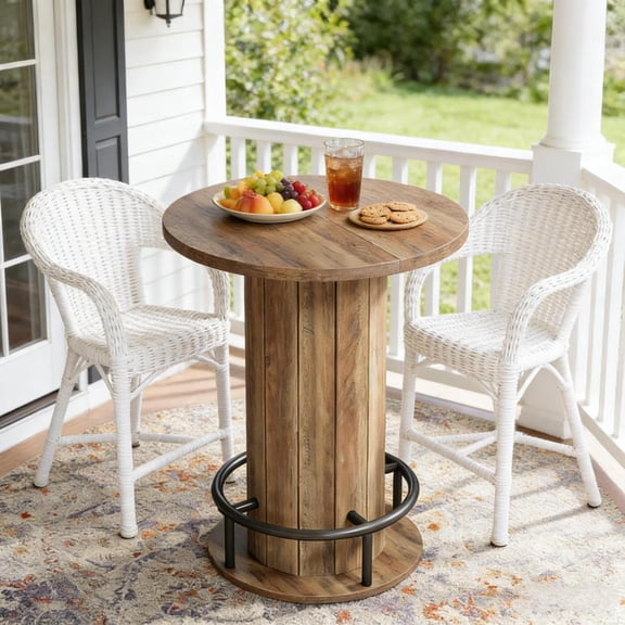 Toauuo 31.5" Round Coffee Cocktail Bar Table - Farmhouse Industrial, Wood Grain Top, Fence-Style Base, Metal Ring Footrest, Space-Saving, High-Quality Wood, Easy Assembly