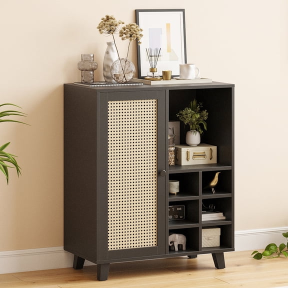 Toauuo 34 Inch Wine Bar Cabinet, Sideboard Cabinet with Storage 6 Wine Racks, 2 Open Shelves & Enclosed Space, Rattan-Front Door Sturdy Construction with Protective Foot Pads for Living Room Kitchen