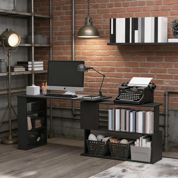 Toauuo 360° Rotating L Shaped Corner Computer Desk, Home Office Desk with Storage Shelves, Ample Desktop Space, Sturdy Engineered Wood, Space Saving, Easy Clean & Assembly