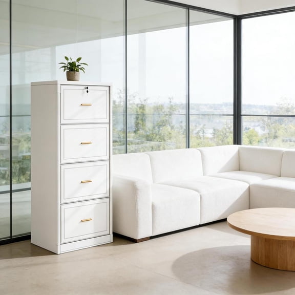 Toauuo 4-Drawer Vertical Filing Cabinet, Lockable Top Drawer, Anti-Tip Design, Full-Extension Slides, Adjustable Hanging Rails for Letter/Legal/A4/F4, Sturdy MDF Printer Stand, Easy Assembly