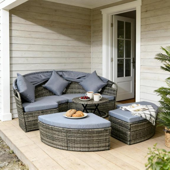 Toauuo 4-Piece Round Rattan Patio Daybed, Convertible Poolside Conversation Set with Retractable Canopy, Outdoor Sectional Sofa, Removable Cushions, 352 lbs Capacity