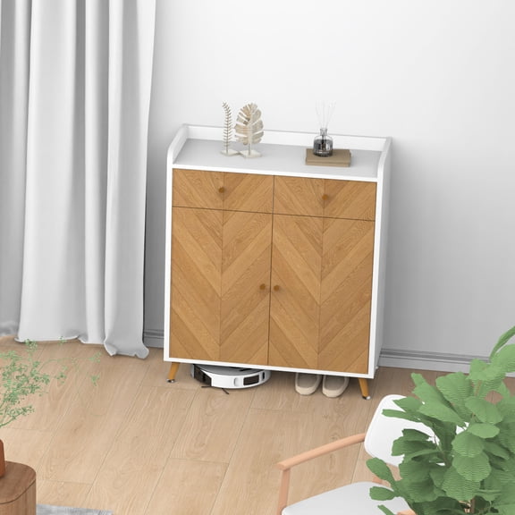 Toauuo 4-Tier Shoe Cabinet with 2 Drawers - Herringbone Wooden Freestanding Storage Organizer with 2 Doors & Adjustable Shelves for Entryway Hallway