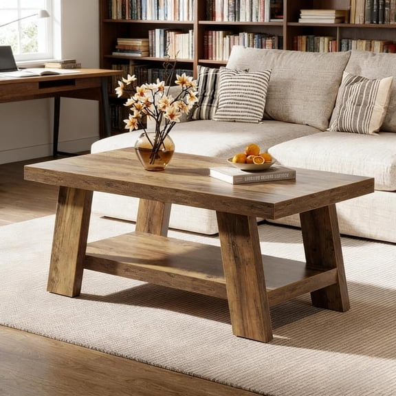 Toauuo 47.2"W×23.6"D Rustic 2-Tier Coffee Table - Farmhouse Tea/Center Table, Stain-Resistant MDF, Reinforced A-Frame Legs, 220LBS Tabletop Capacity, Spacious Open Storage Shelf, Easy Clean