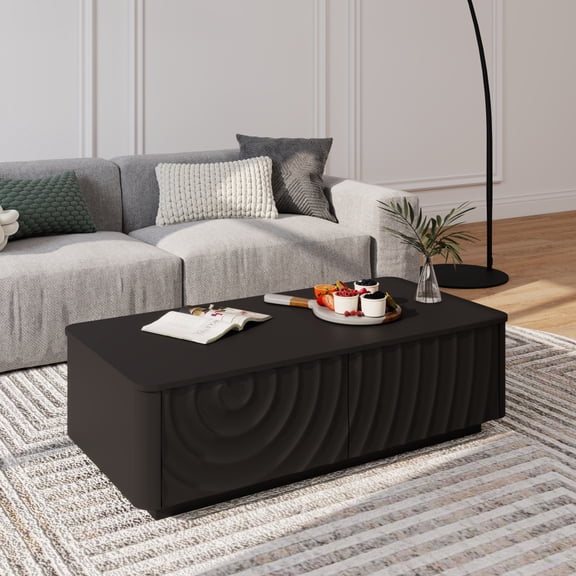 Toauuo 47'' Rectangle Mid Century Farmhouse Coffee Table, Unique Wave Texture Design, 2 Storage Drawers, Floating Base, Smooth Rounded Corners, Durable Easy Clean, for Living Room