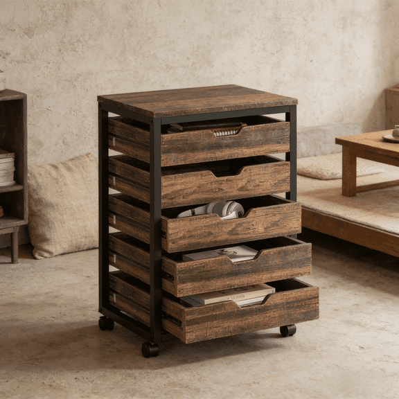 Toauuo 5-Drawer Mobile Storage Dresser Cabinet, Industrial Style Wood & Metal Chest, Rolling Printer Stand Office Storage Unit, Quiet Slide Rails, Lockable 360° Wheels, Heavy Duty Load Capacity