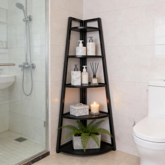 Toauuo 5-Tier Tall Ladder Display Shelf, Compact Corner Storage Bookshelf, Sturdy Metal Frame & Thick Board Construction, Round Edge, High Load Capacity, Versatile for Living Room Bedroom Office