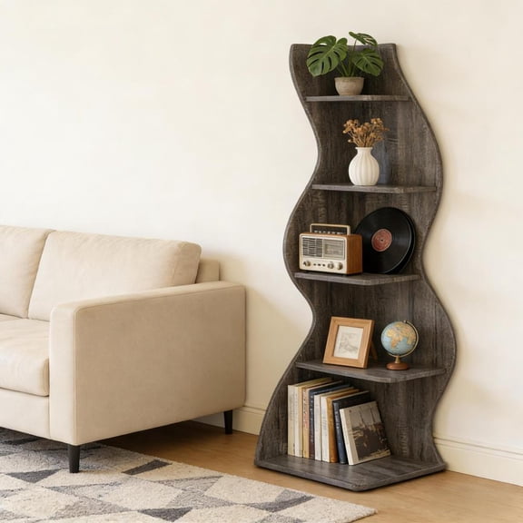 Toauuo 5-Tier Vintage Corner Wall Bookshelf - Sea Grass Inspired Brown Storage Shelf for Home Office