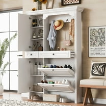 Toauuo 54.7'' 4-in-1 Hall Tree with Mirrored Cabinet - Entryway Bench, Shoe Storage, Coat Rack, 2 Flip Drawers & 4 Hooks for Living Room