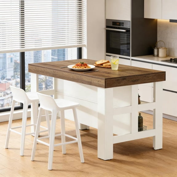 Toauuo 55.1" Farmhouse Eat-in Kitchen Island, Double Open Storage Shelves, Counter Height 2-Seater, Versatile Kitchen Counter Bar Table, Thick Engineered Wood, Easy Assembly