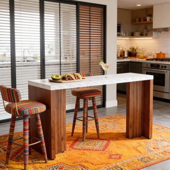 Toauuo 55.12" Bar Table Coffee Counter Dining Chatting Table - Faux Marble Top Dark Walnut Legs, Minimalist Style, 1.57" Thick Top, Spacious, Durable, Easy Assembly