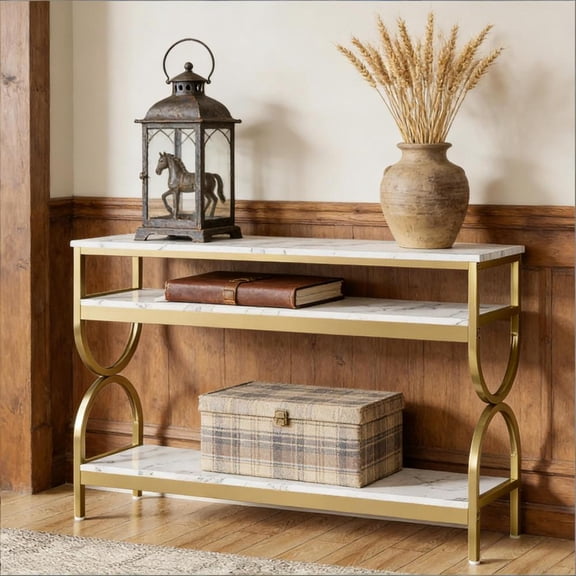 Toauuo 55" 3-Tier Faux Marble Sofa Console Foyer Table - White & Gold, 450LBS Capacity, Sturdy Wood & Iron Frame, Ample Storage, 20Min Easy Assembly