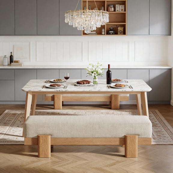 Toauuo 55" Upholstered Kitchen Bench, Nordic Style Dining Coffee Bench, High-Resilience Cushion, Sturdy MDF Frame 220LBS, Anti-Slip Pads, Beige & Oak, Ample Seating, Easy Assembly