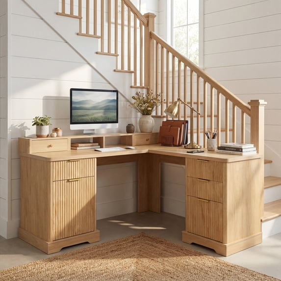 Toauuo 59" Modern Fluted L-Shaped Desk - Home Office Computer Desk with Charging Station Storage Cabinet Monitor Stand File Drawer Removable Support Shelf for Study Home Office