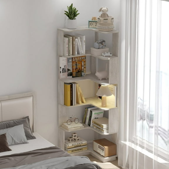 Toauuo 6-Tier L-Shaped Corner Bookshelf - Freestanding Wood Bookcase with Anti-Drop Panel & Anti-Tipping Device, Open Storage Organizer for Living Room Bedroom Home Office